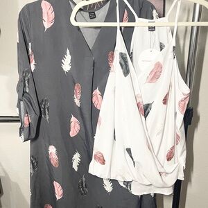 Feather Print Women's Tank and Dress- Gray and White